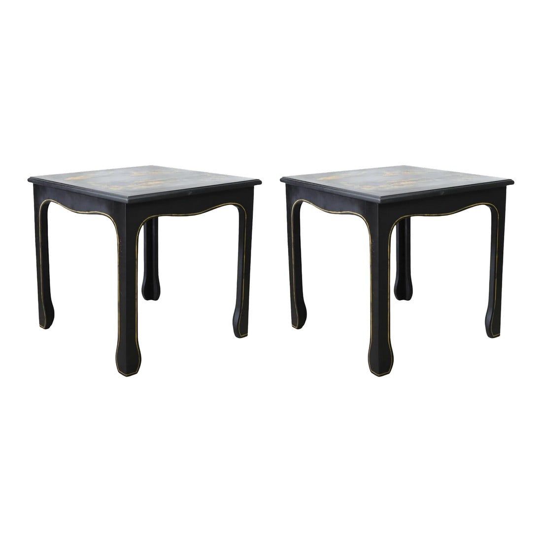 Pair of Hand Painted Chinoiserie Side Tables in Gold With Black Background: Pair of hand-painted Chinoiserie side tables in gold with a black backgroundã€‚ Chinoiserie incorporates a variety of unique designs and trends, which has attracted the interest of