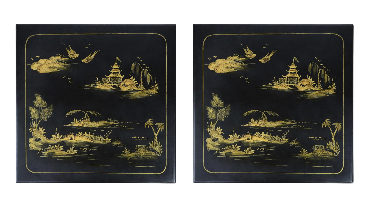 Pair of Hand Painted Chinoiserie Side Tables in Gold With Black Background - 2