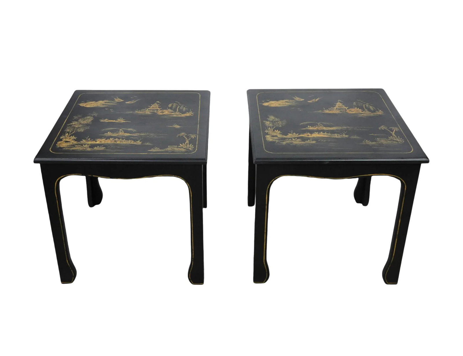 Pair of Hand Painted Chinoiserie Side Tables in Gold With Black Background - 3