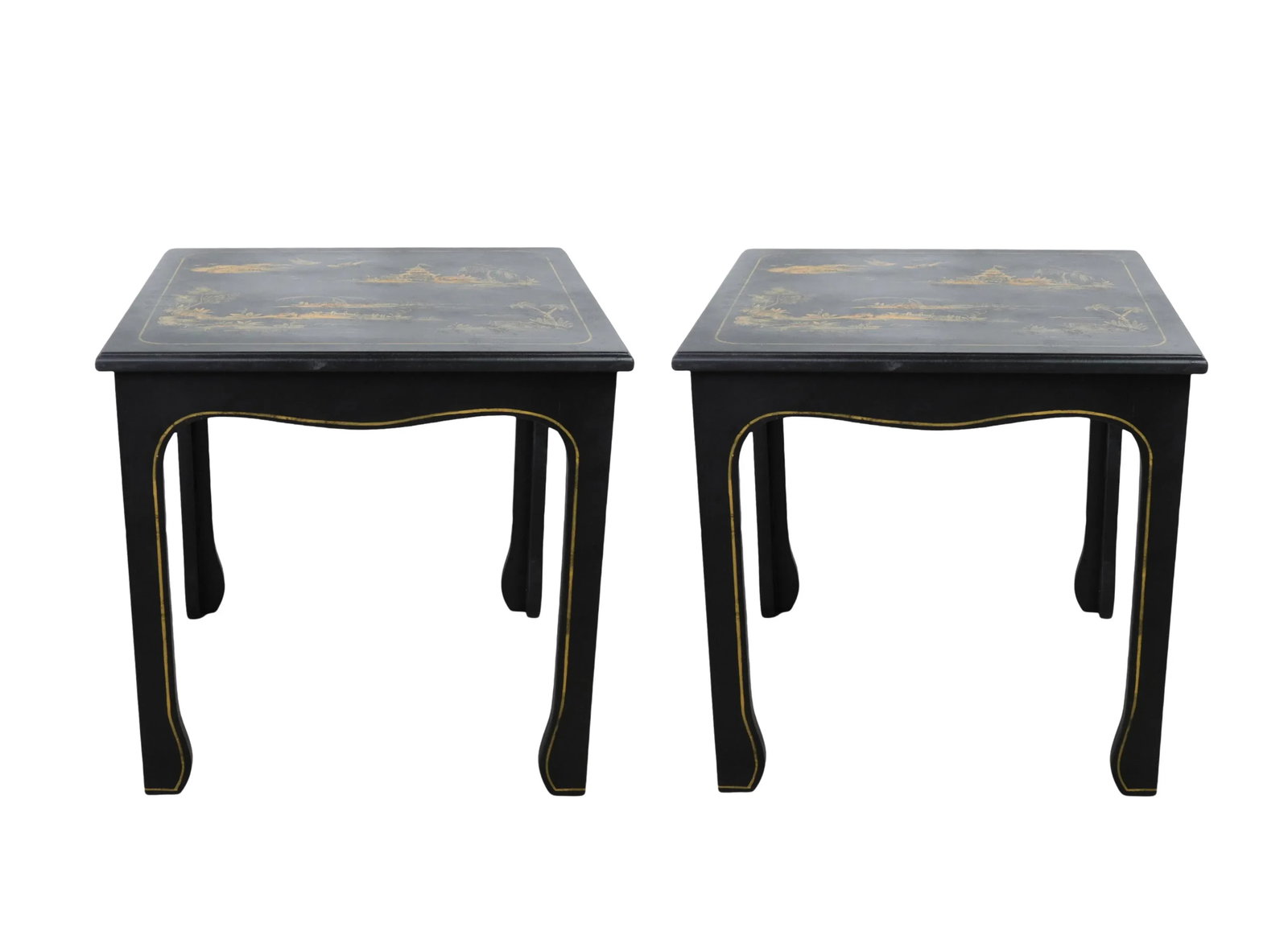 Pair of Hand Painted Chinoiserie Side Tables in Gold With Black Background - 9