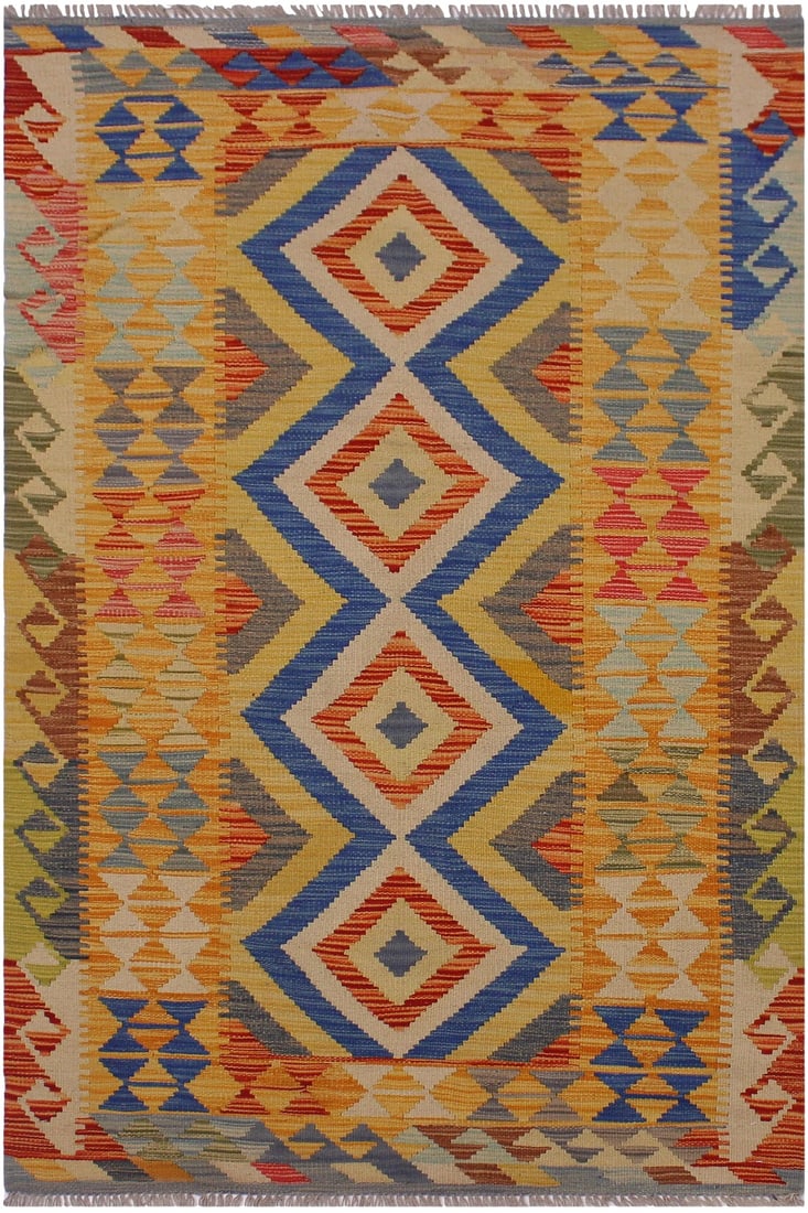 Bohemian Kilim Hand-Woven Wool Rug -3'5" X 6'4": Add a touch of elegance to your home with this casual chic hand woven Tribal Kilim wool rug. Constructed on a loom by Nomad Turkman people with hand spun wool and 100% Natural Vegetable dyes these