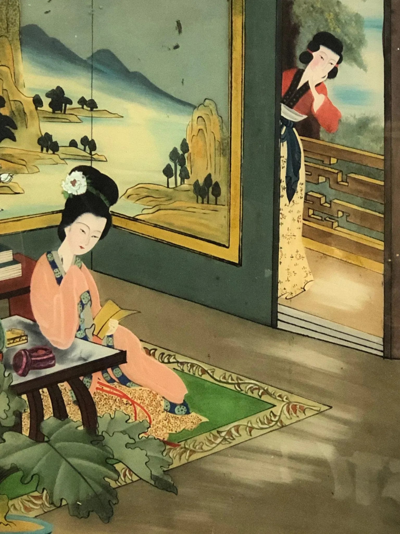 Early 20th Century Antique Chinese Reverse Glass Painting of a Geisha Original - 2