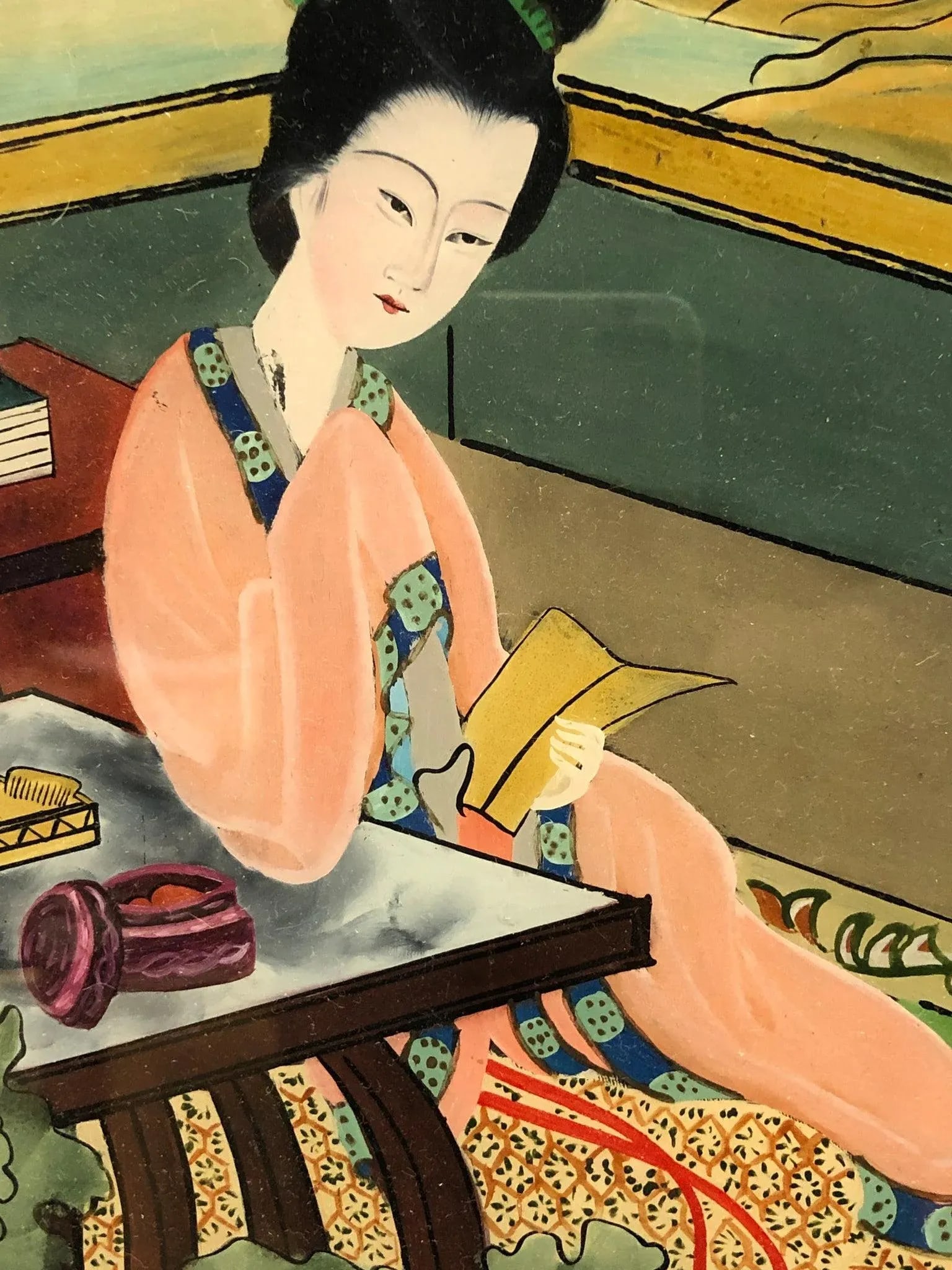 Early 20th Century Antique Chinese Reverse Glass Painting of a Geisha Original - 4
