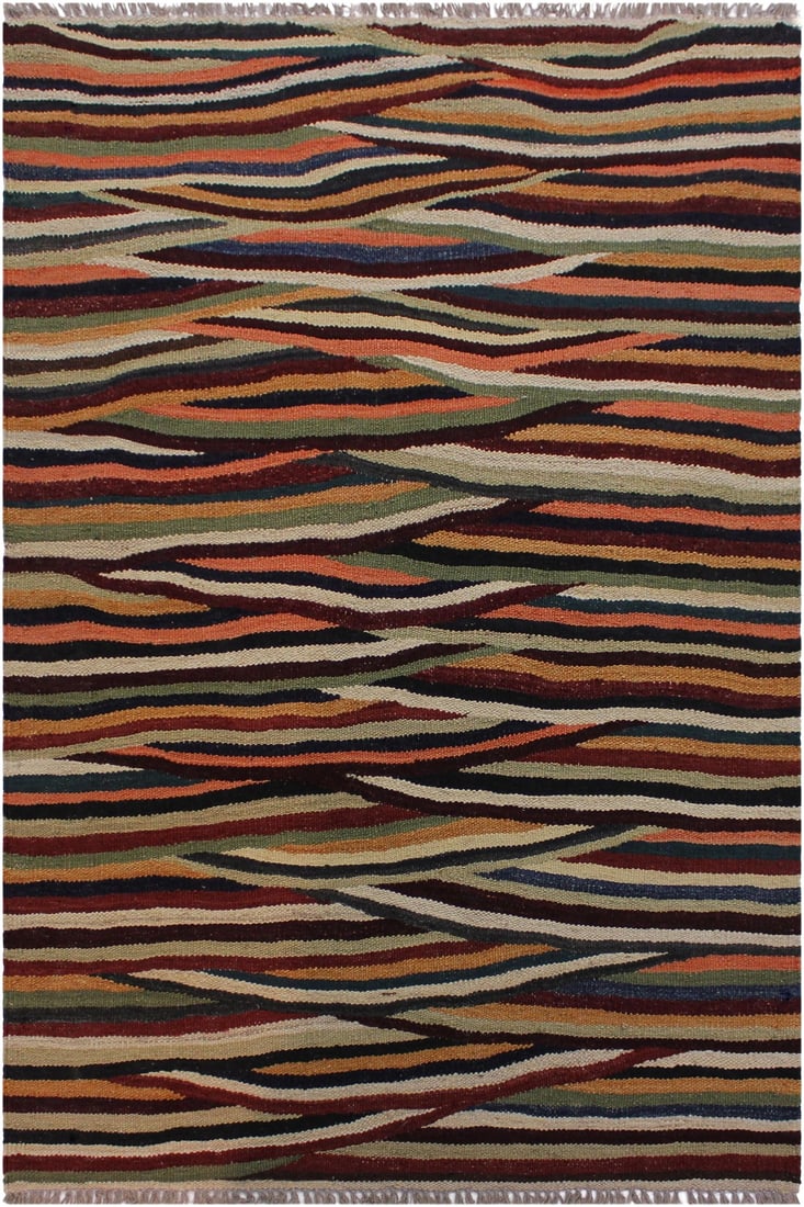 Contemporary Kilim Tan/Red Hand-Woven Wool Rug - 2'10 X 4'3: Add a touch of elegance to your home with this casual chic hand woven Tribal Kilim wool rug. Constructed on a loom by Nomad Turkman people with hand spun wool and 100% Natural Vegetable dyes these