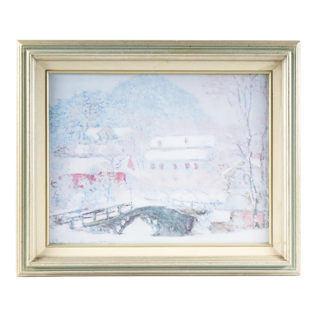 Sandviken Village in the Snow - Mid 20th Century Claude Monet Print of Original Oil Painting Signe: This elegant framed print is a reproduction of an original oil painting attributed to the style and sensibility of Claude Monet. Capturing a delicate snowscape through the impressionist lens, the