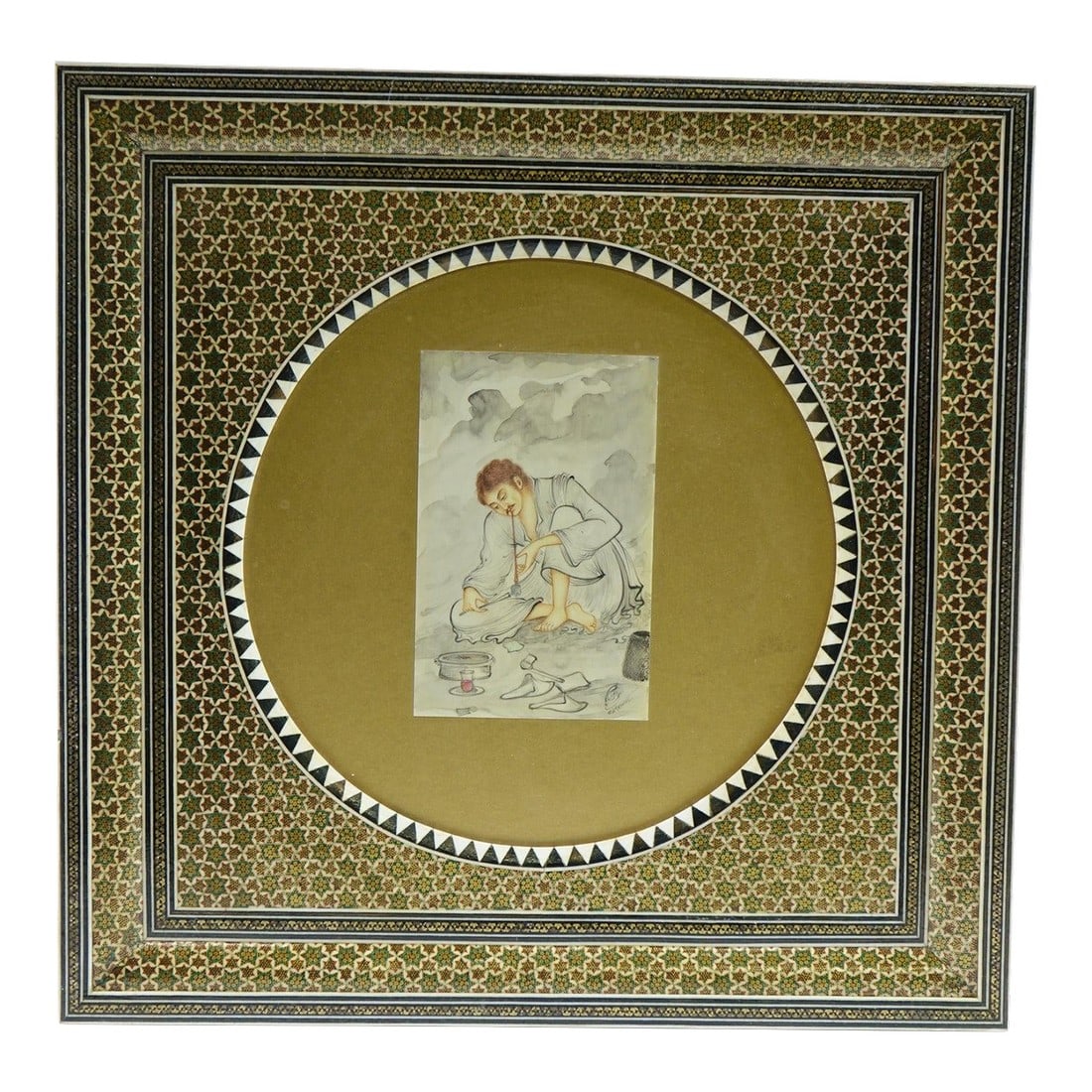 1970s Persian Khatam Inlaid Artwork – Original, Signed, Framed: This exquisite Persian Khatam inlaid piece features intricate geometric patterns in khaki tones, framing a finely detailed painting on faux ivory. The central artwork, rendered in delicate, muted