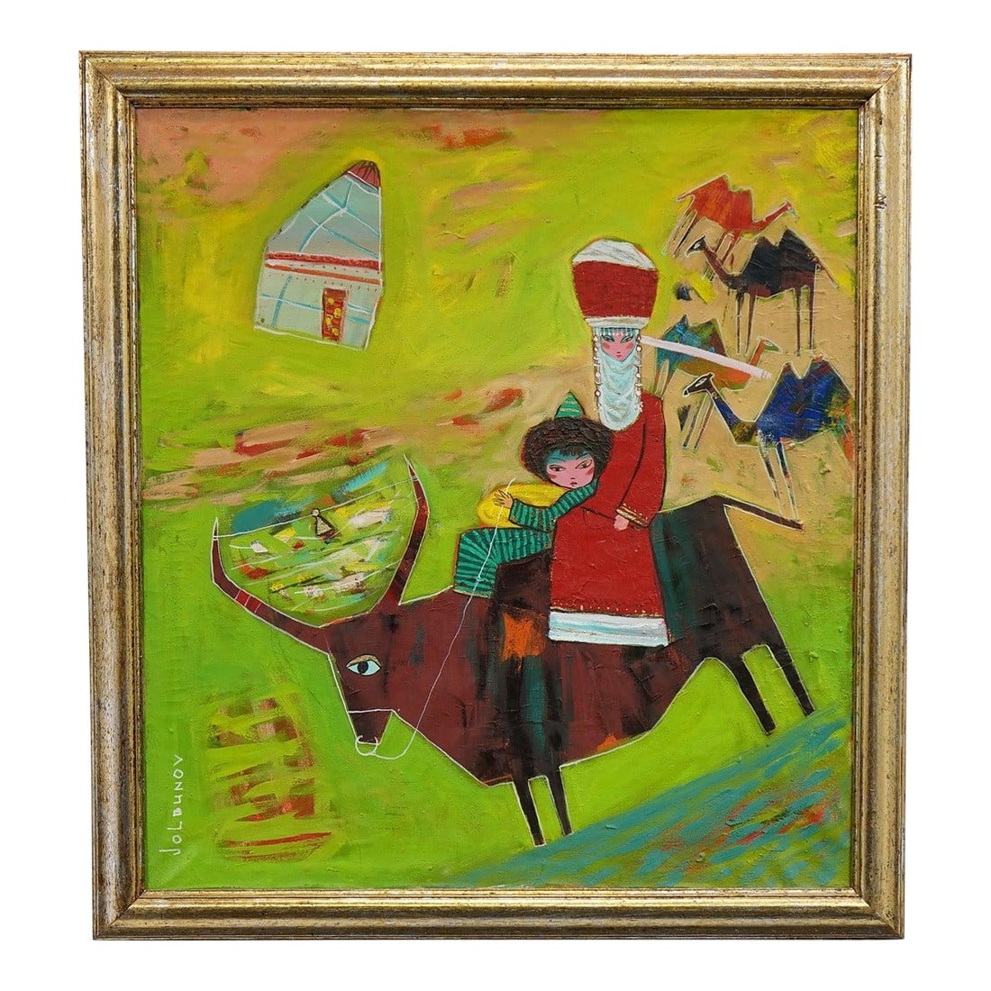 Journey Through the Hills - Mid 20th Century Original Oil Painting on Canvas Signed on the Bottom,: Infused with bold color and narrative charm, this original oil on canvas painting offers a modern interpretation of folk themes. The composition centers on a stylized mother and child riding an ox,