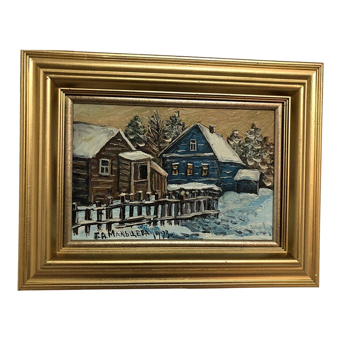Warm Windows, Cold World - Original Oil on Board 1993 Signed on the Bottom, Framed: Full of rustic charm and quiet seasonal nostalgia, this original 1993 oil on board by the Russian artist G. Maltseva captures the peaceful essence of a snow-blanketed Russian village. Two traditional