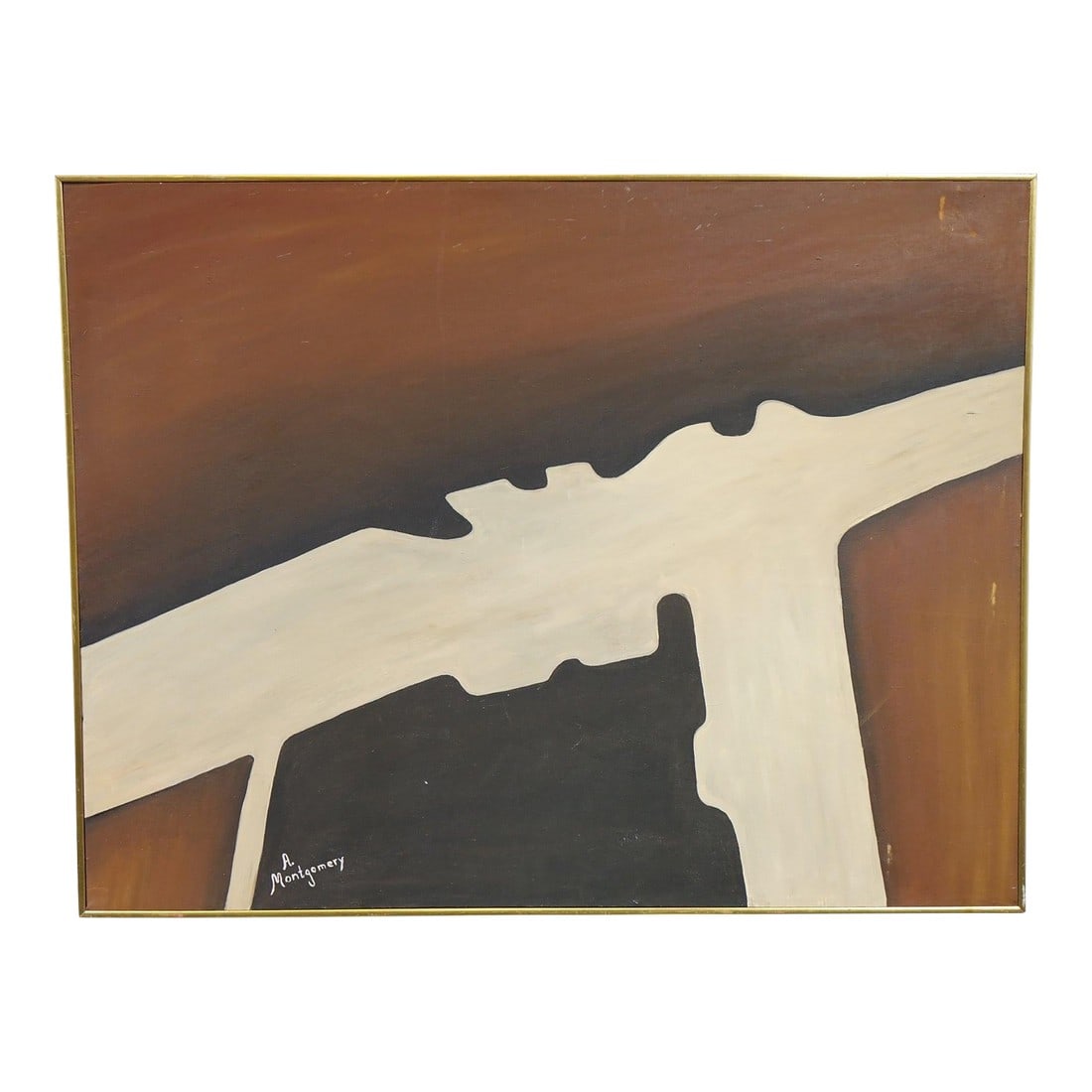 Intersection - Mid 20th Century Abstract Oil on Canvas Signed Original: This striking abstract oil on canvas by artist A. Montgomery features a bold interplay of form and color that invites deep contemplation. Utilizing a rich palette of earthy browns, deep black, and