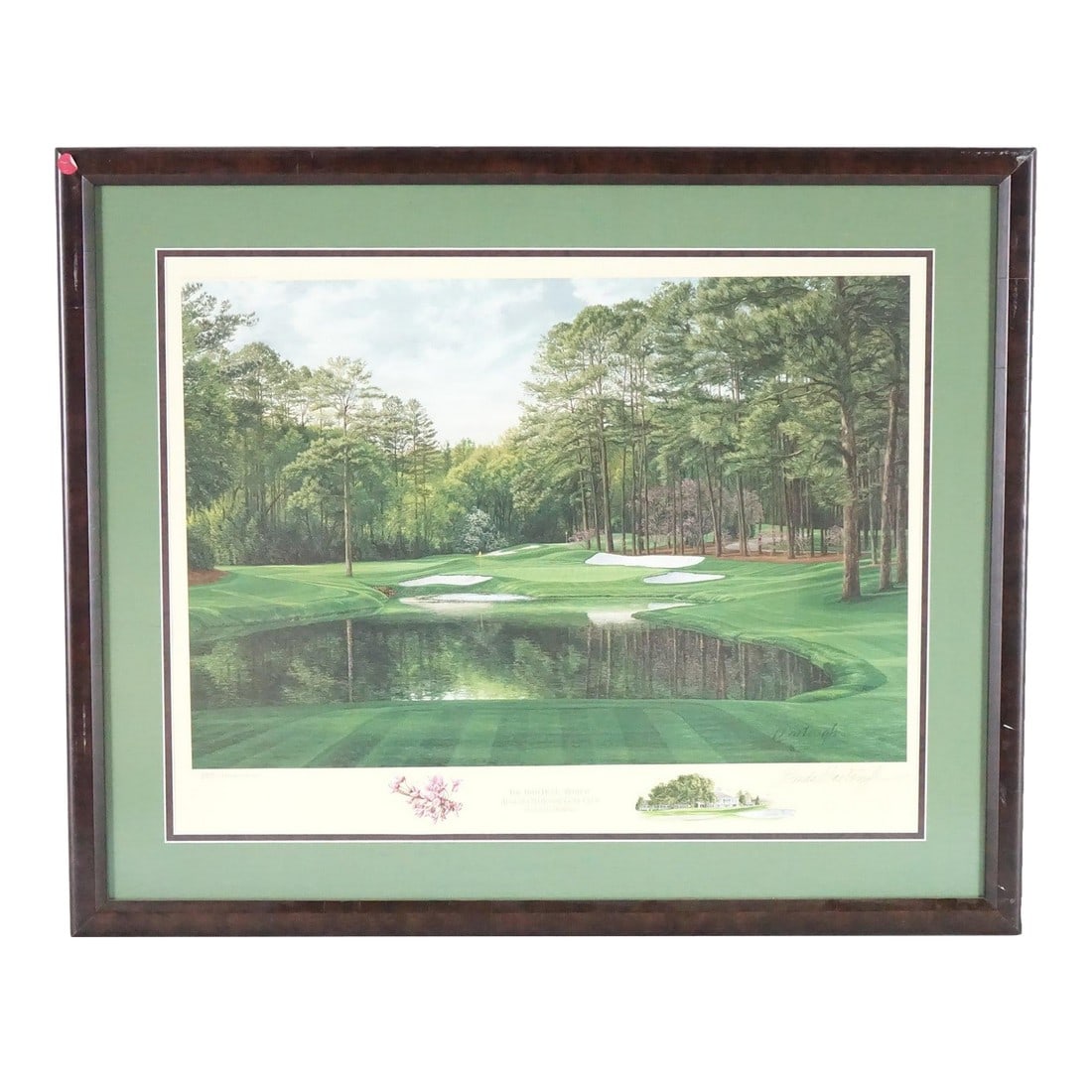 The 16th Hole by Linda Hartough - Late 20th Century Lithograph Signed and Stamped With Signet, Fra: This stunning limited-edition lithograph by acclaimed golf landscape artist Linda Hartough captures the serene and iconic beauty of the 16th hole at Augusta National Golf Club, affectionately known