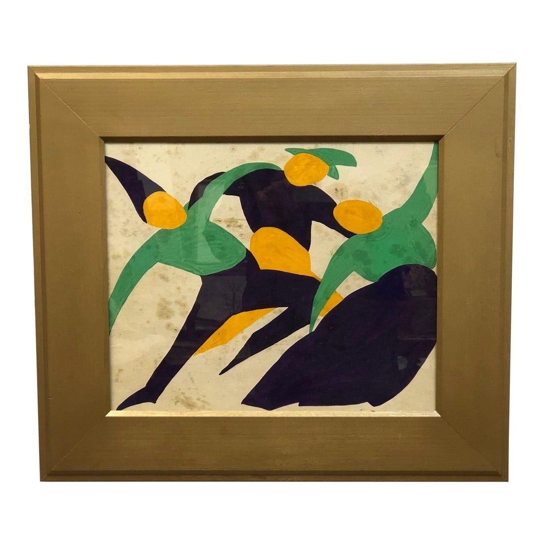 Late 20th Century "The Dancers" – Original Acrylic Painting on Paper: This original acrylic painting on paper features Art Deco–style figures in motion, dressed in vibrant green and black clothing. The dynamic composition and stylized forms capture the energy and