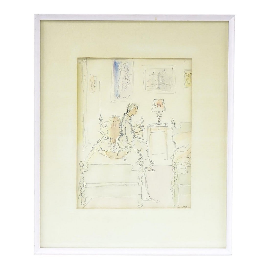 The Day's End - Original Minimalist Pen and Watercolor on Paper Signed: This original pen and watercolor work captures an intimate and introspective domestic moment with elegant simplicity. The artist employs a minimalist and expressive line-drawing style, using delicate