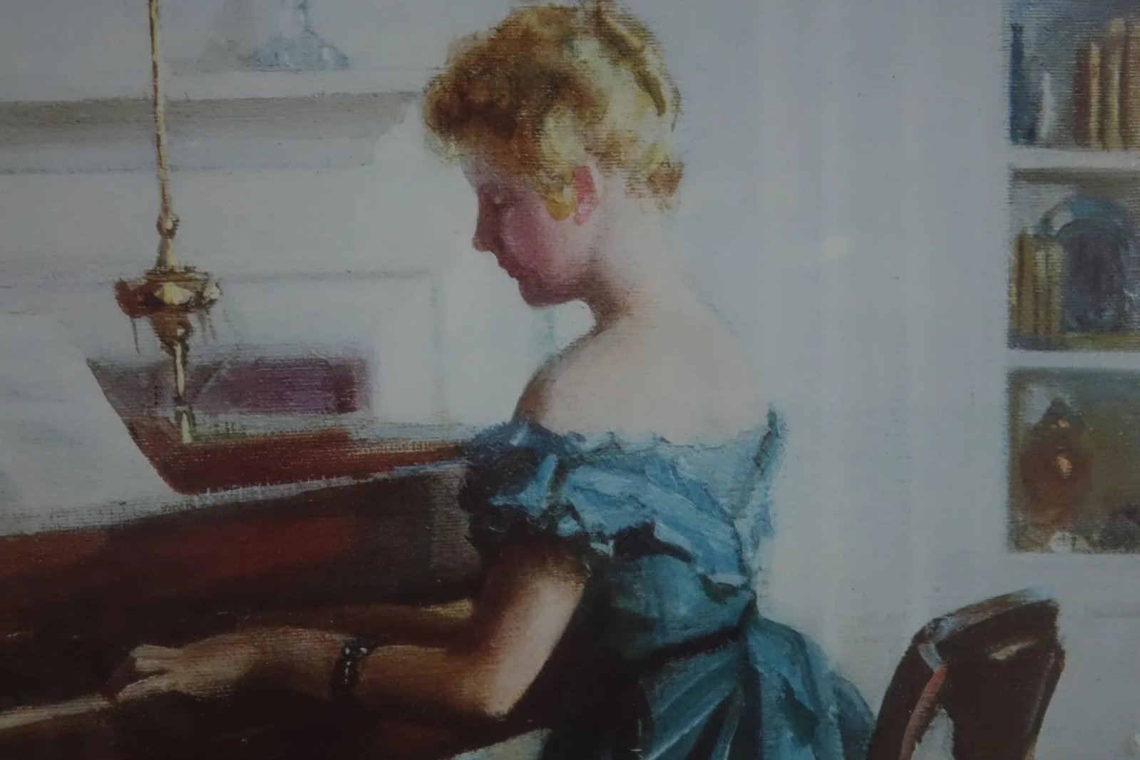 Late 20th Century Woman at the Piano" – Print of Original Oil on Canvas - 4