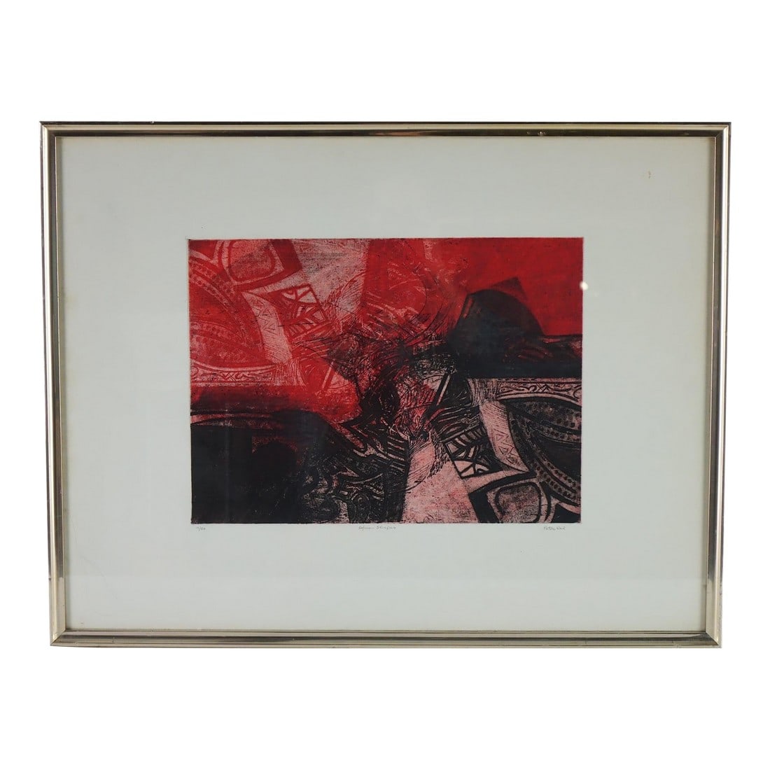 Echoes of the Motherland - African Shapes Lithograph Signed by Peter Nel: Striking and full of energy, this abstract lithograph by artist Peter Nel invites viewers into a dynamic visual world inspired by African forms and textures. Composed of deep reds, blacks, and muted