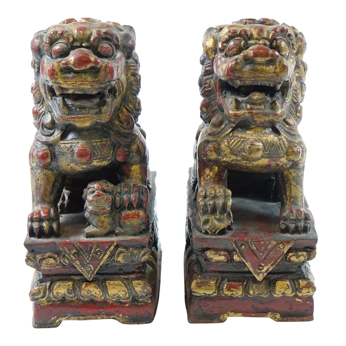 Antique Chinese Wood Sculptures of Foo Dogs - A Pair (1 of 4)