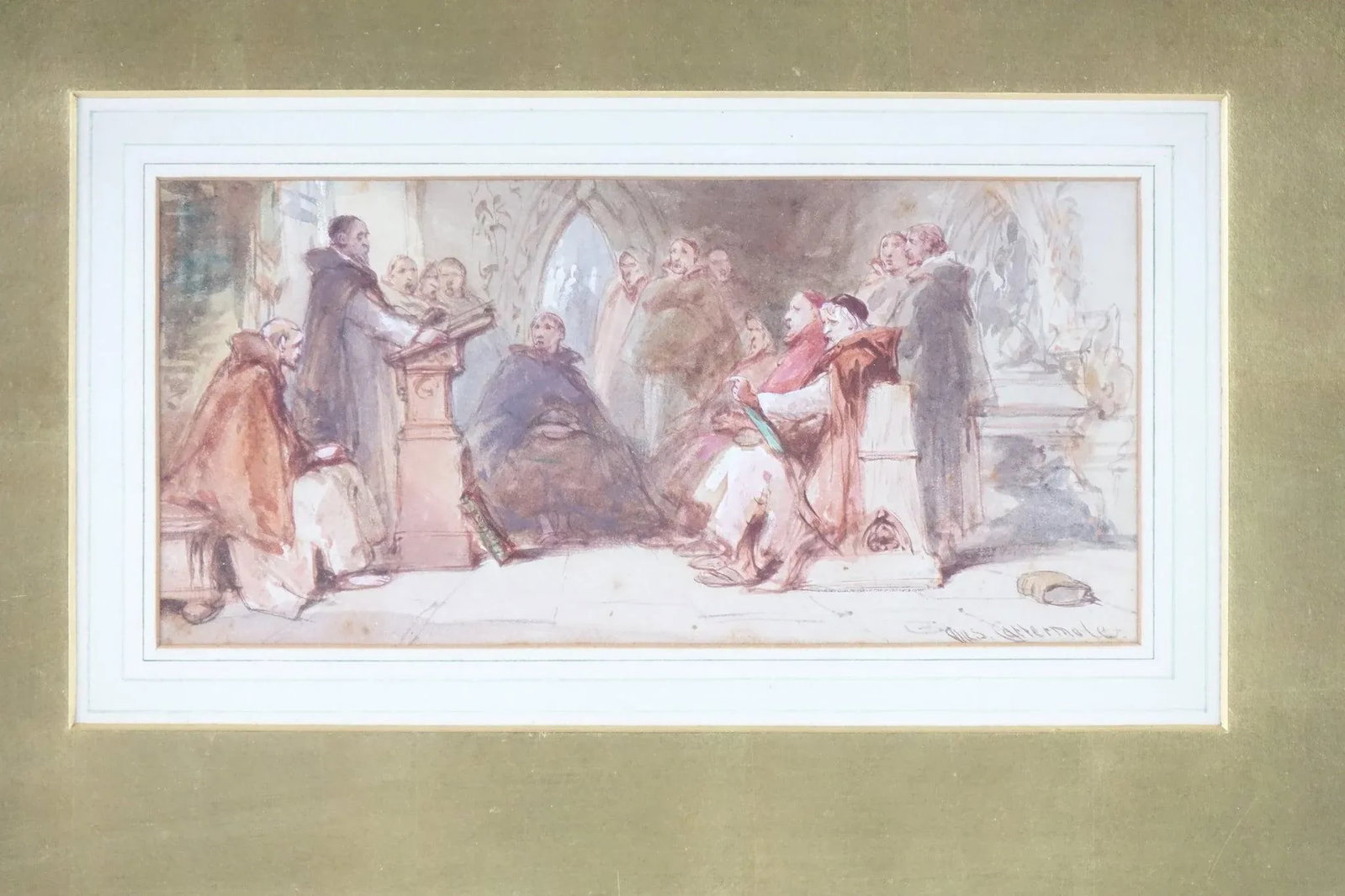 Early 20th Century Counsel Meeting Original Watercolor Signed - 4