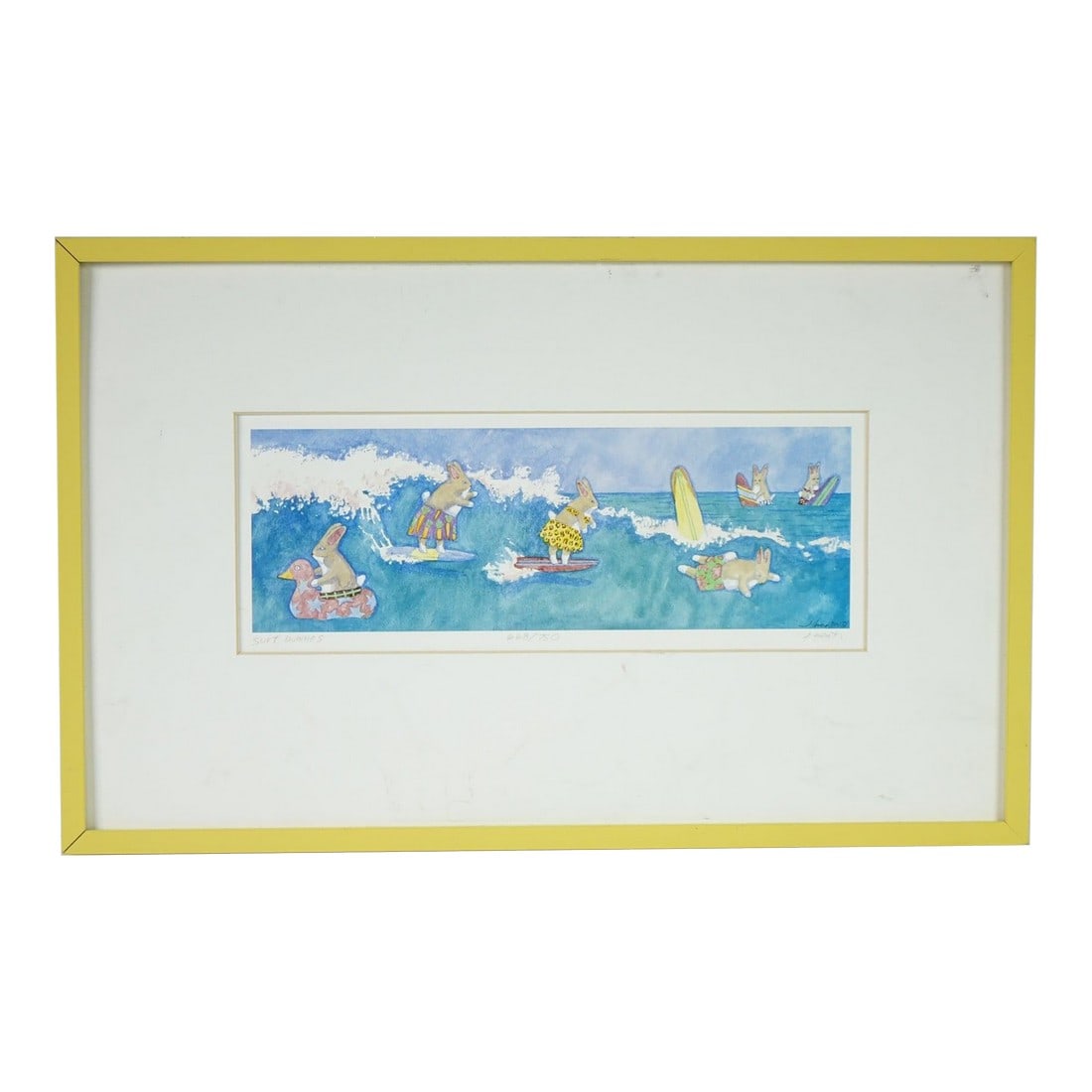 Surfing Bunnies - Lithograph Signed Print: A whimsical and vibrant lithograph bursting with color and character, this piece portrays a delightful scene of anthropomorphic rabbits enjoying a day at the beach. Set against rolling waves in a