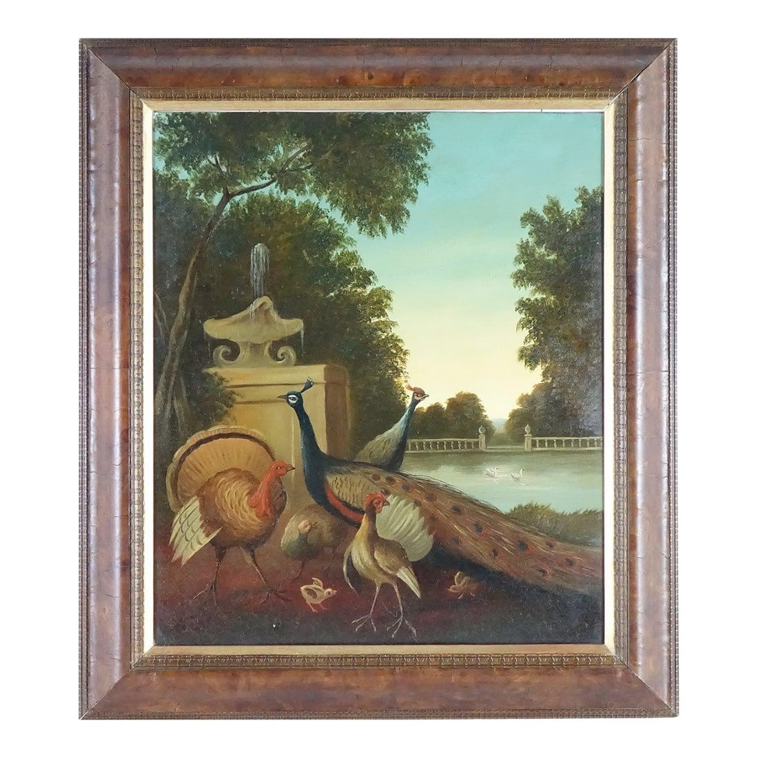 Majesty in the Garden - Original Oil on Canvas: This charming oil painting on canvas features a serene outdoor scene with a collection of birds. The centerpiece is a vibrant peacock, standing proudly in the foreground, its colorful plumage