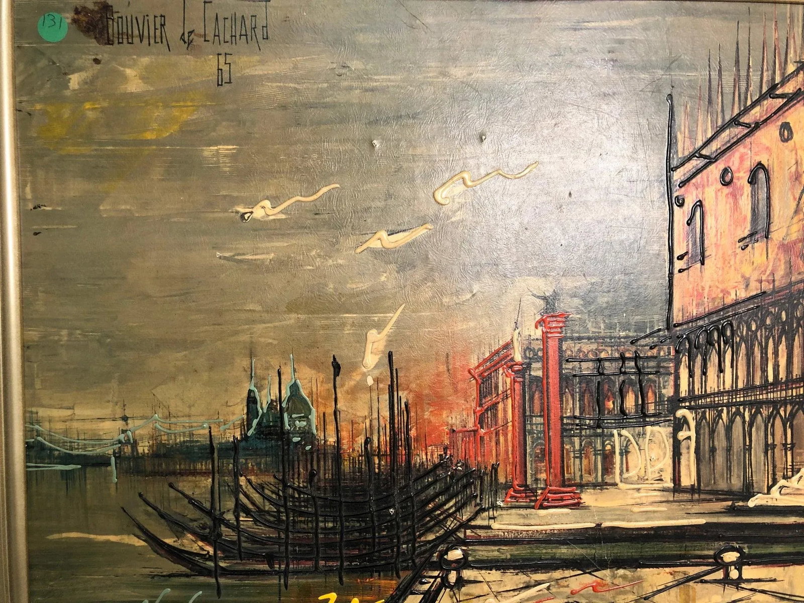 City of Light and Shadow - Original Multimedia Painting 1965 Signed on the Top, Framed - 5