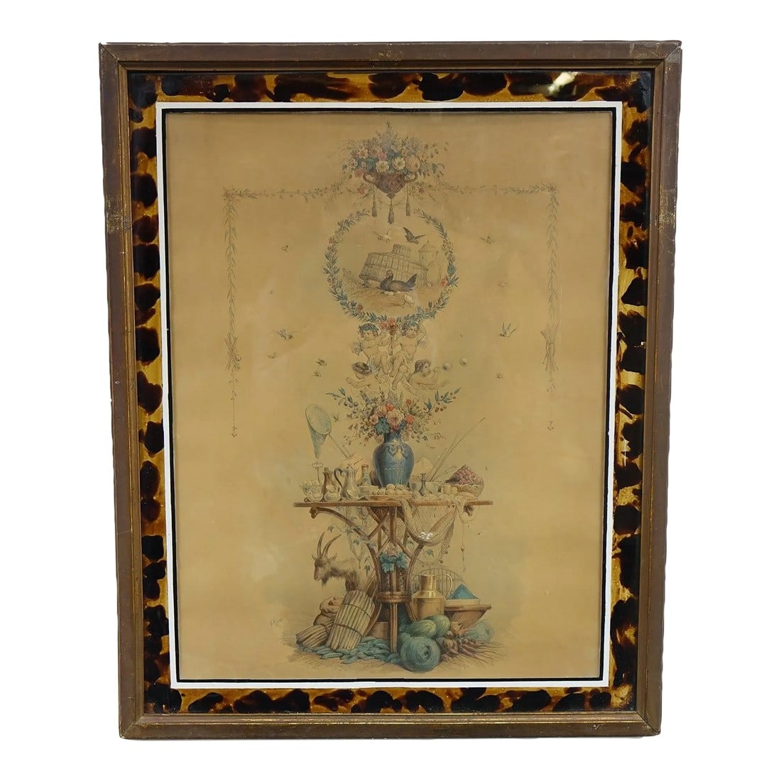 19th Century Still Life Painting with Pencil Signed Original, Framed: This 19th Century Still Life Painting is a delicate and finely detailed work, capturing the elegance and charm of a bygone era. The composition features an arrangement of various objects, including a