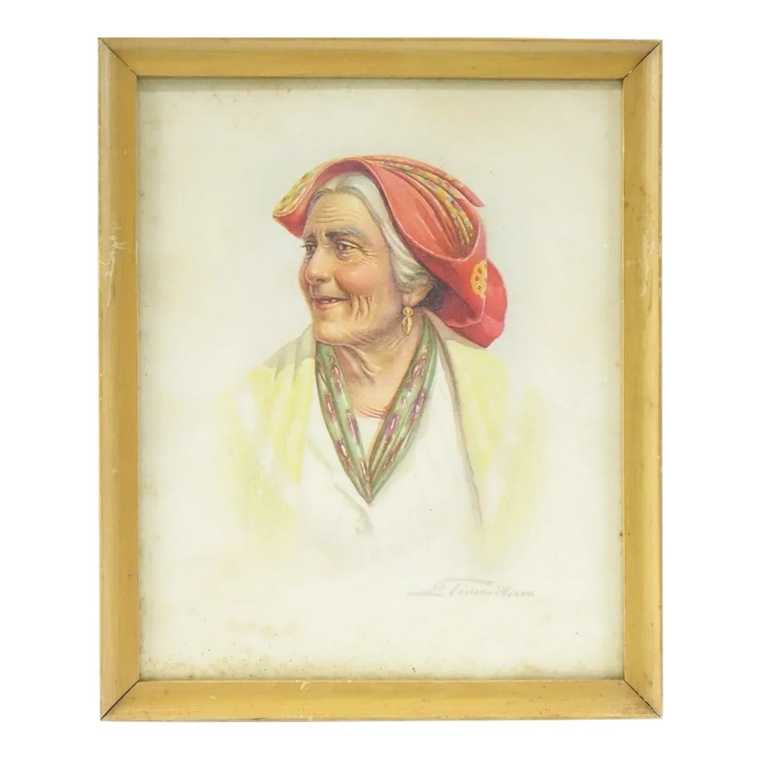 Mid 20th Century Lithograph on Board Signed at the Bottom: Lithograph on Board, Signed at the Bottom - 15" x 18" This vintage lithograph on board, measuring 15 inches by 18 inches, features a beautifully detailed portrait of an elderly woman wearing a