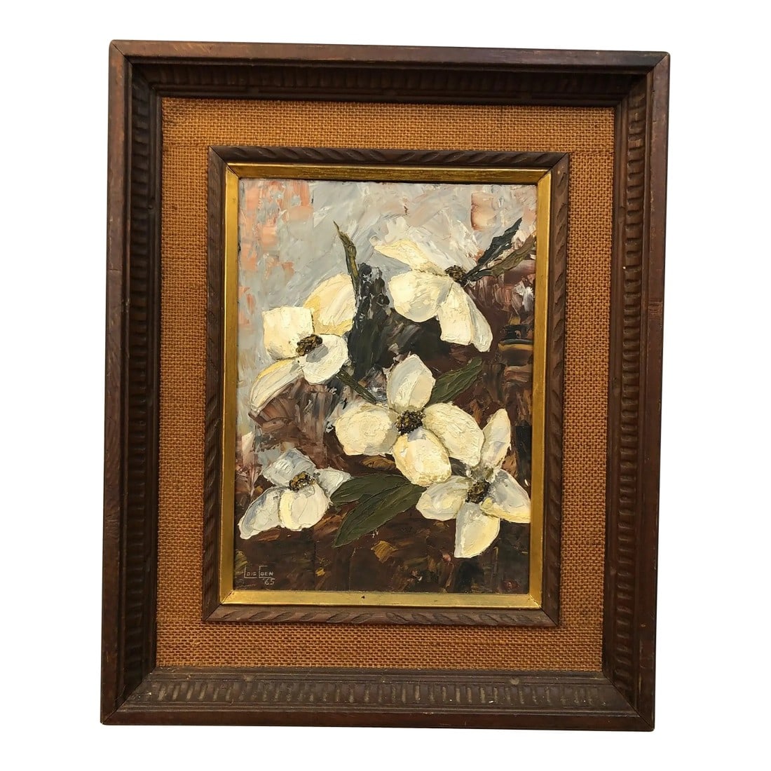 White Blooms at Dusk - Acrylic on Board by Lois Coen Signed 1965, Framed: This expressive 1965 still life by Lois Coen captures the tactile beauty of white blossoms in thick, painterly strokes. Rendered in acrylic on board, the flowers are bold and full of texture, with