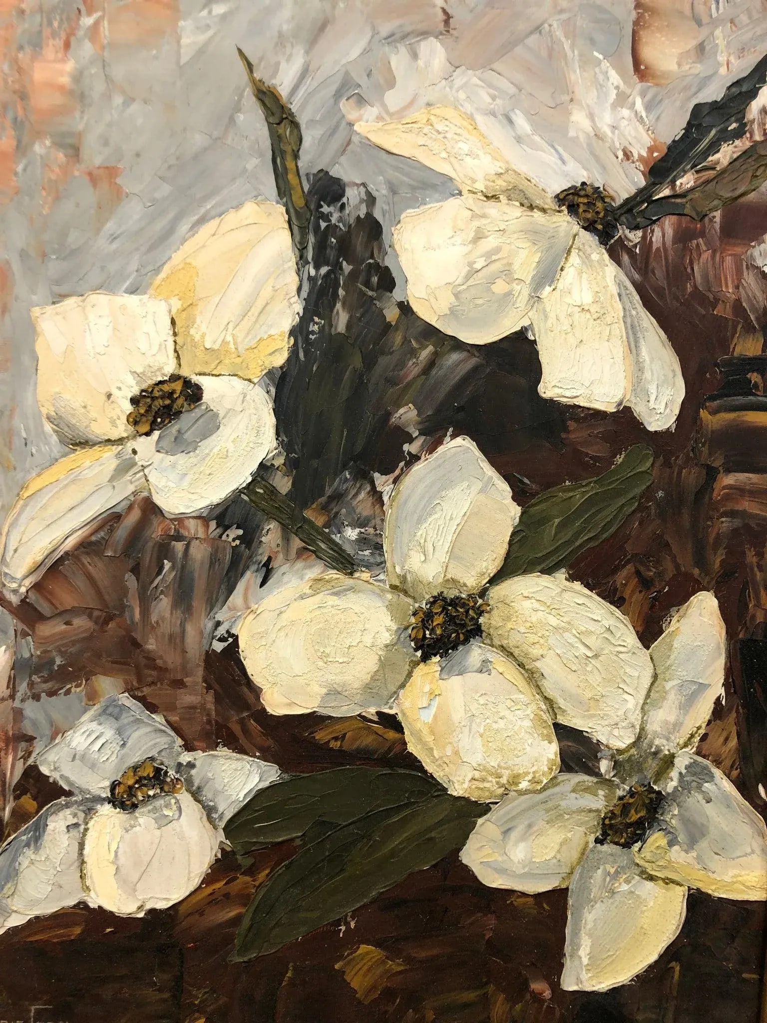 White Blooms at Dusk - Acrylic on Board by Lois Coen Signed 1965, Framed - 2