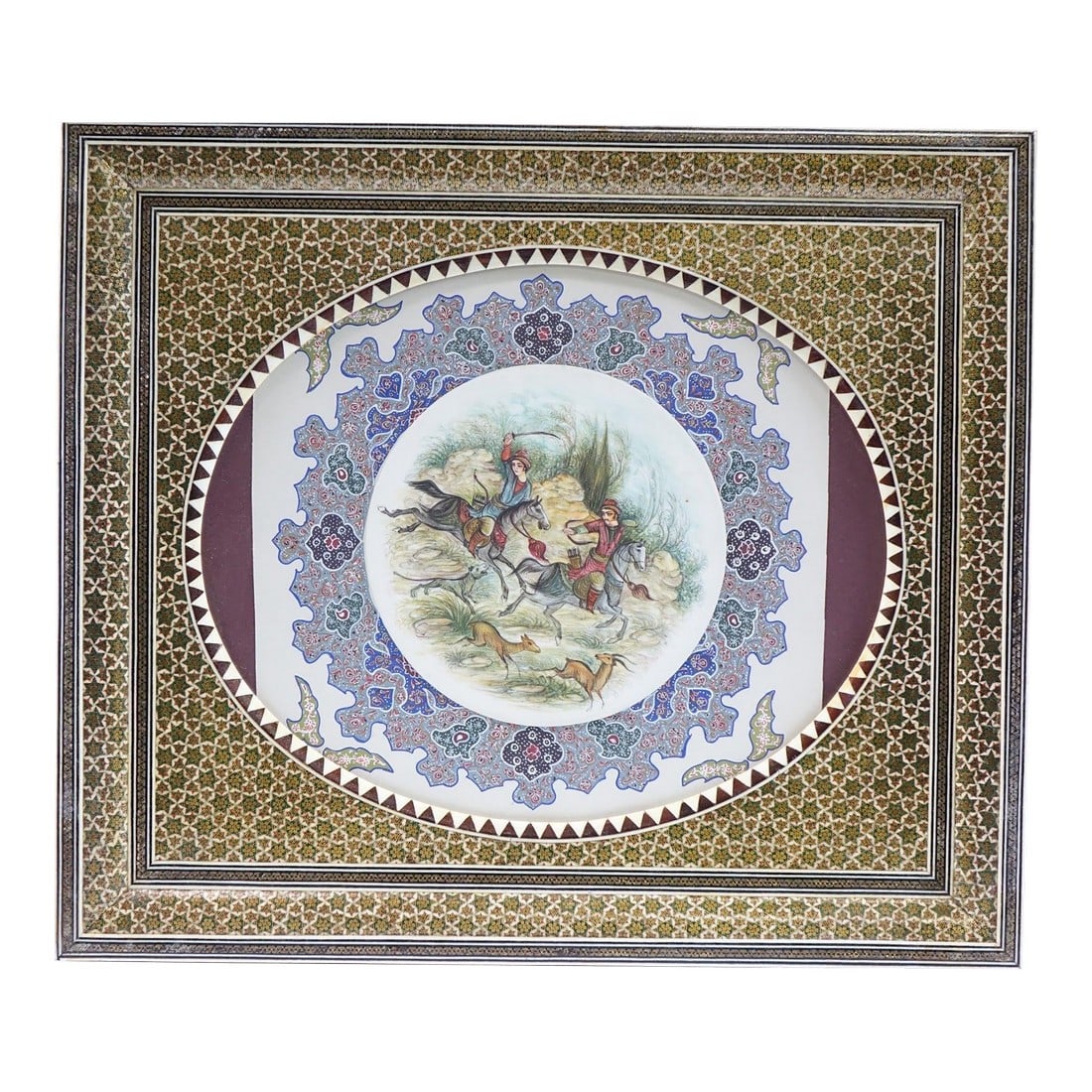 Mid 20th Century Original Persian Khatam With Inlaid Artwork Paint on Faux Ivory Signed, Framed: This exquisite Persian artwork is a stunning example of traditional craftsmanship, combining intricate Khatam marquetry with a hand-painted miniature scene on faux ivory. The central painting