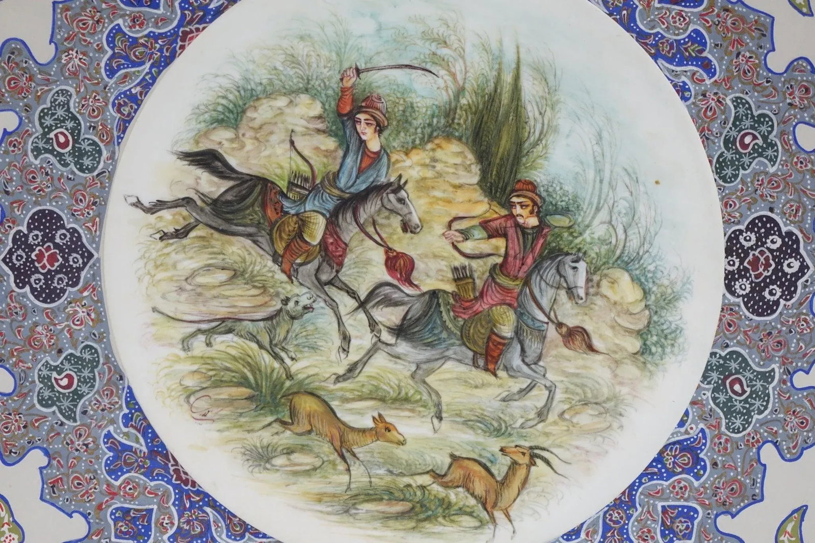 Mid 20th Century Original Persian Khatam With Inlaid Artwork Paint on Faux Ivory Signed, Framed - 2