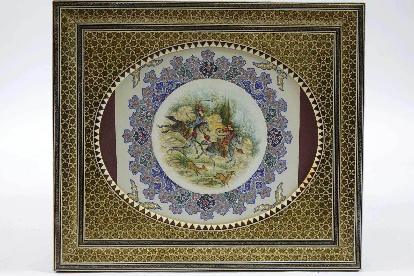 Mid 20th Century Original Persian Khatam With Inlaid Artwork Paint on Faux Ivory Signed, Framed - 3