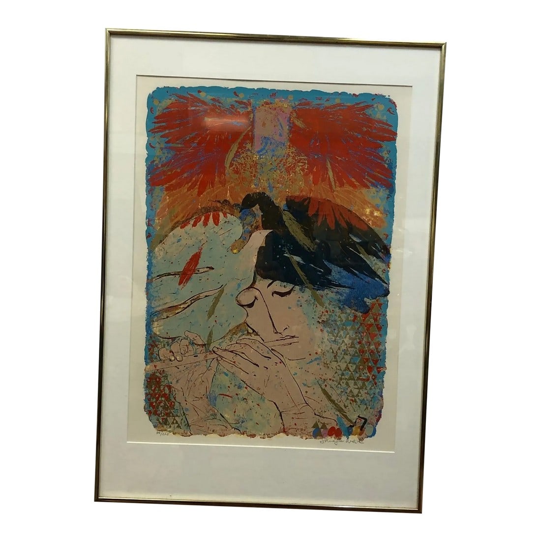 Abstract Symphony - Late 20th Century Screen Print Signed, Framed: This striking abstract screen print features a surreal, poetic portrayal of a musician lost in their craft. A figure, rendered in expressive outlines and muted tones, plays a flute with closed eyes