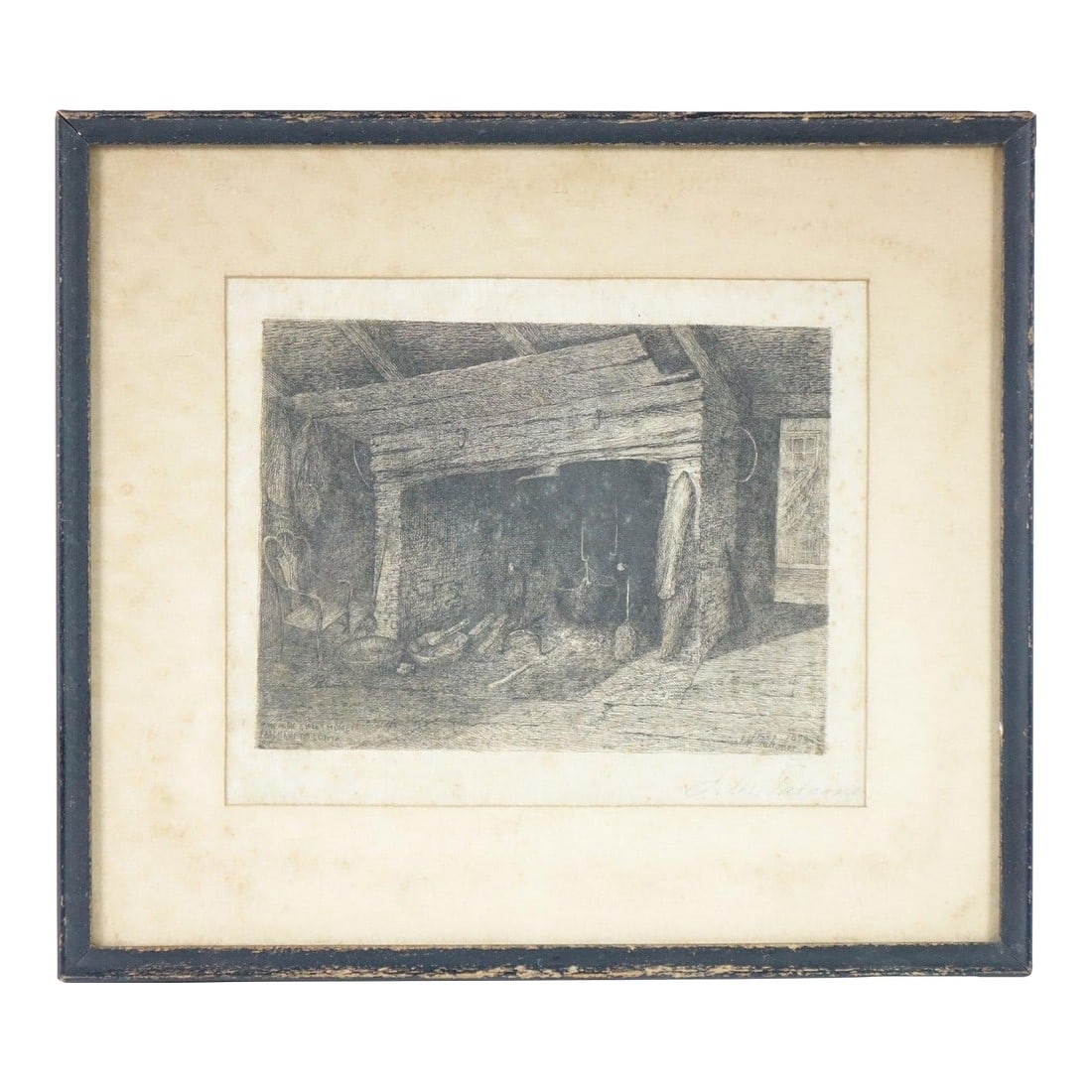 Home Sweet Home - Original 1879 Etching by John Mackie Falconer Signed: This evocative original etching captures a rustic hearth nestled within the quiet interior of a country dwelling. Rendered in fine detail, the work exemplifies realism with a touch of romantic