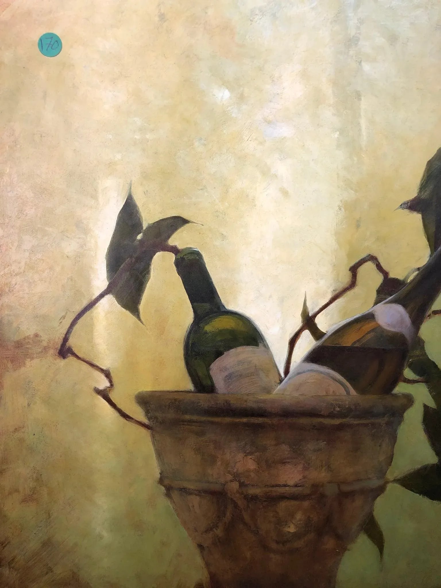 Late 20th Century Still Life With Wine and Plants – Original Oil Painting on Canvas - 3