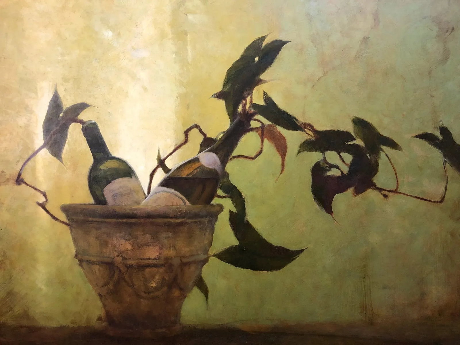Late 20th Century Still Life With Wine and Plants – Original Oil Painting on Canvas - 5