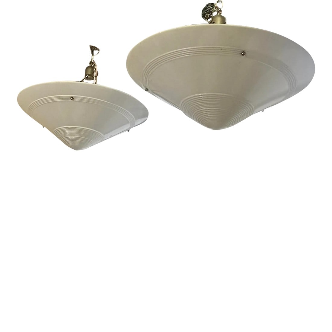 Pair of Westmoreland Deco Milk Glass Shades-Pair of 2: Pair of Art Deco Milk Glass shades. They are suspended by 3 chains with a single Edison socket to light. Beautifully designed Deco period Glass and in excellent condition. The hardware is antique bras