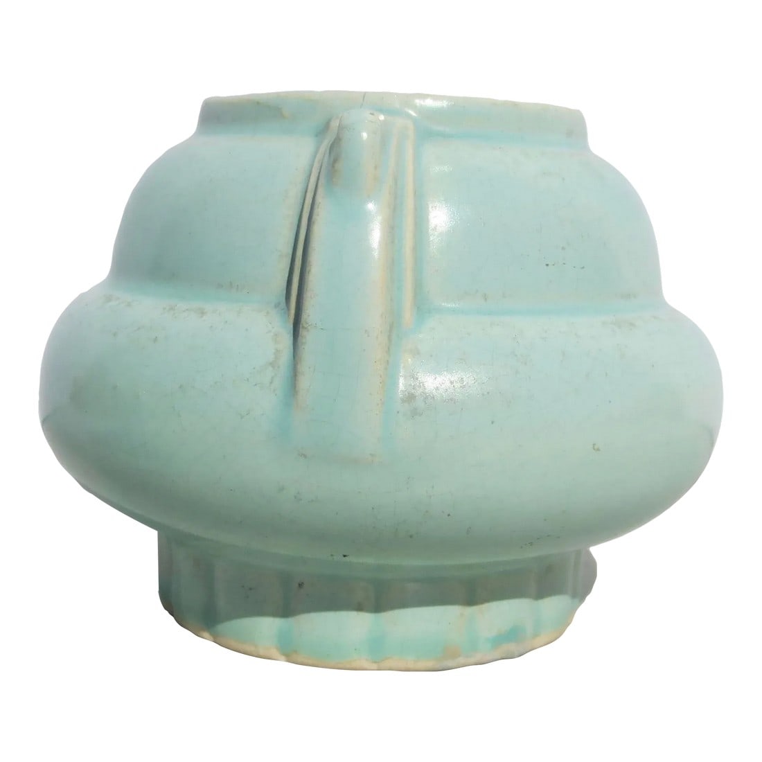 Art Deco Ceramic Planter Circa 30s: Powder blue aqua glazed ceramic planter from the 30s' An American pottery. 30s design with rolled walls and rainbow handles, raised on an industrial rim. The soft glaze color has a soft crackle and tw