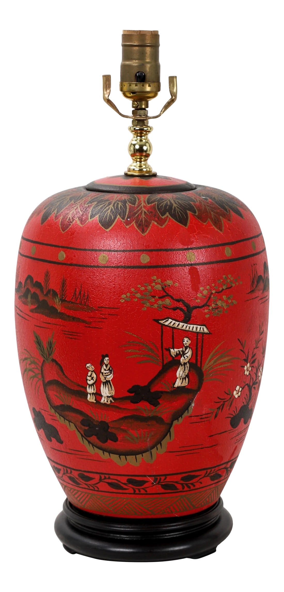Vintage Chinoiserie Red Ginger Jar Lamp With Figured in White and Gold Color: Predominantly red ginger jar lamp with a ring of red and black leaves painted at the top. Scenery of figures in an oriental landscape in white and gold color with black outlines. Condition: