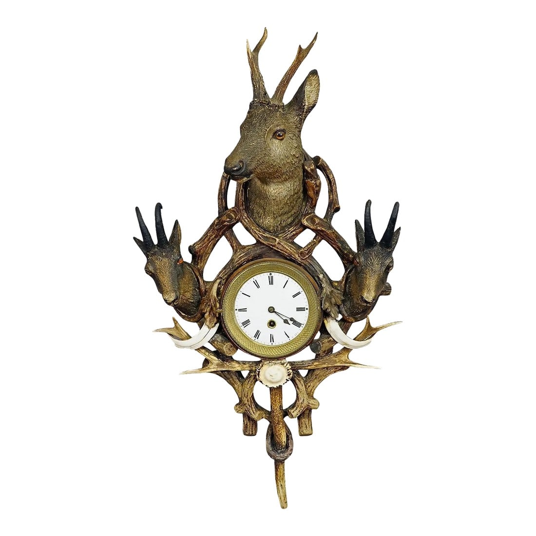 Antique Cabin Antler Wall Clock with Deer and Chamois Austria ca. 1900 (1 of 6)