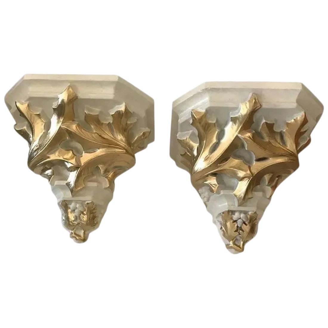 Monumental French Cream and Gold Wall Brackets - a Pair: Pair of cream and gold very large French terracotta and plaster wall brackets having acorn and leaf motif in relief. Condition: Alterations: Original Condition Unaltered Imperfections: Some