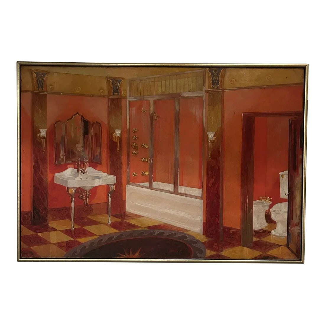 Original Painting of Elegant Interior Bathroom Dressing Room: Beautifully rendered interior of a bathroom/dressing room in a striking color palette of orange and yellow. Signed Rogers lower left. Condition: Alterations: Original Condition Unaltered