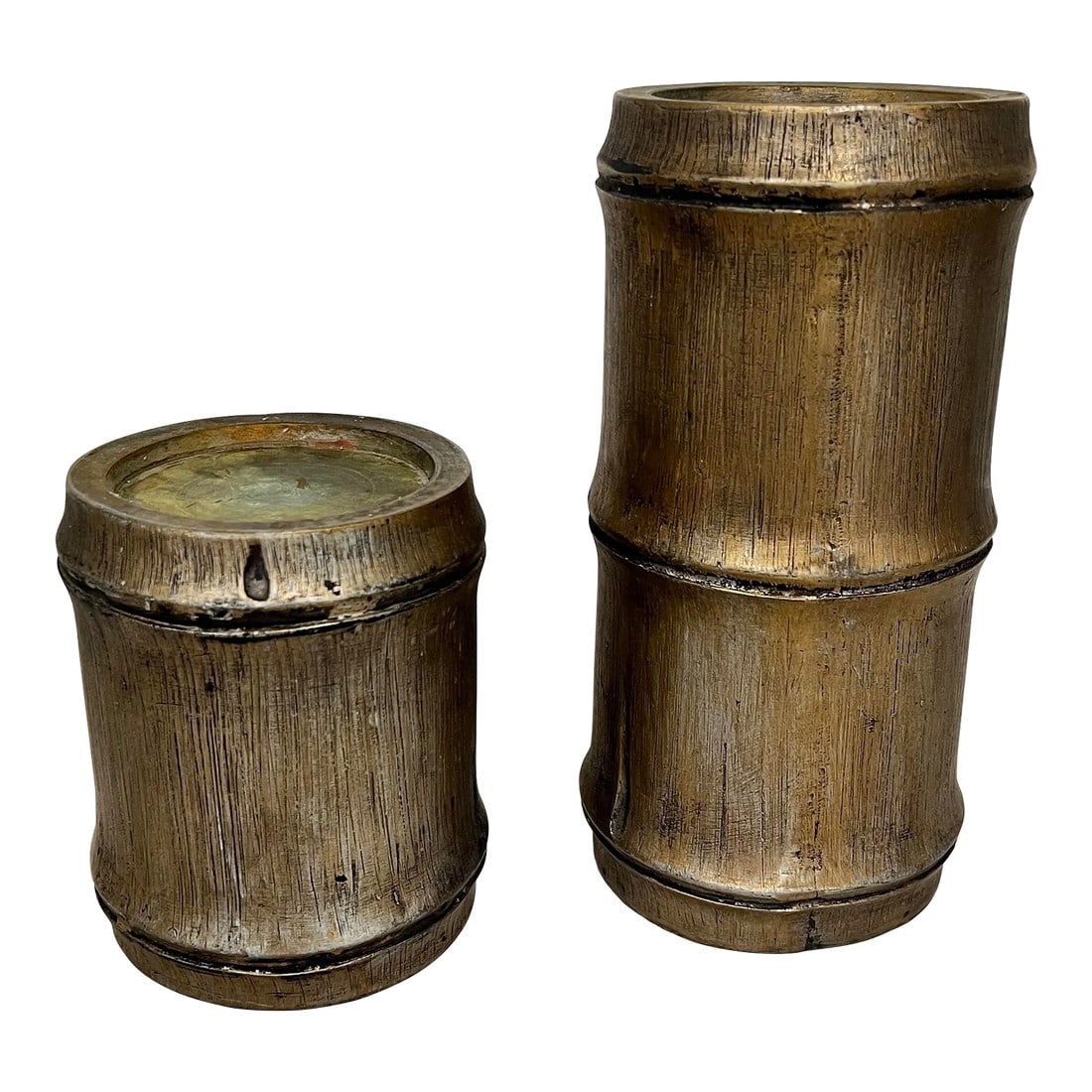 Faux Gold Wash Finish Bamboo Candlestick - a Pair: 4" diameter x 9"h and 5"h. Will hold up to a 3" diameter candle. Condition: Alterations: Original Condition Unaltered Imperfections: Some Imperfections Condition Notes: No noticeable imperfections.