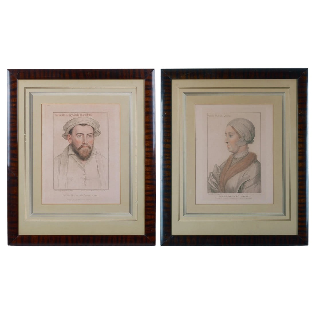 Edward Stanley and Anne Boleyn, Engravings by Bartolozzi After Holdbein C.1790s: Offered is a pair of framed stipple engravings on wove paper engraved by Francesco Bartolozzi (Italian, 1727-1815, "historical engraver to His Majesty" ) after original drawings by Hans Holbein. One