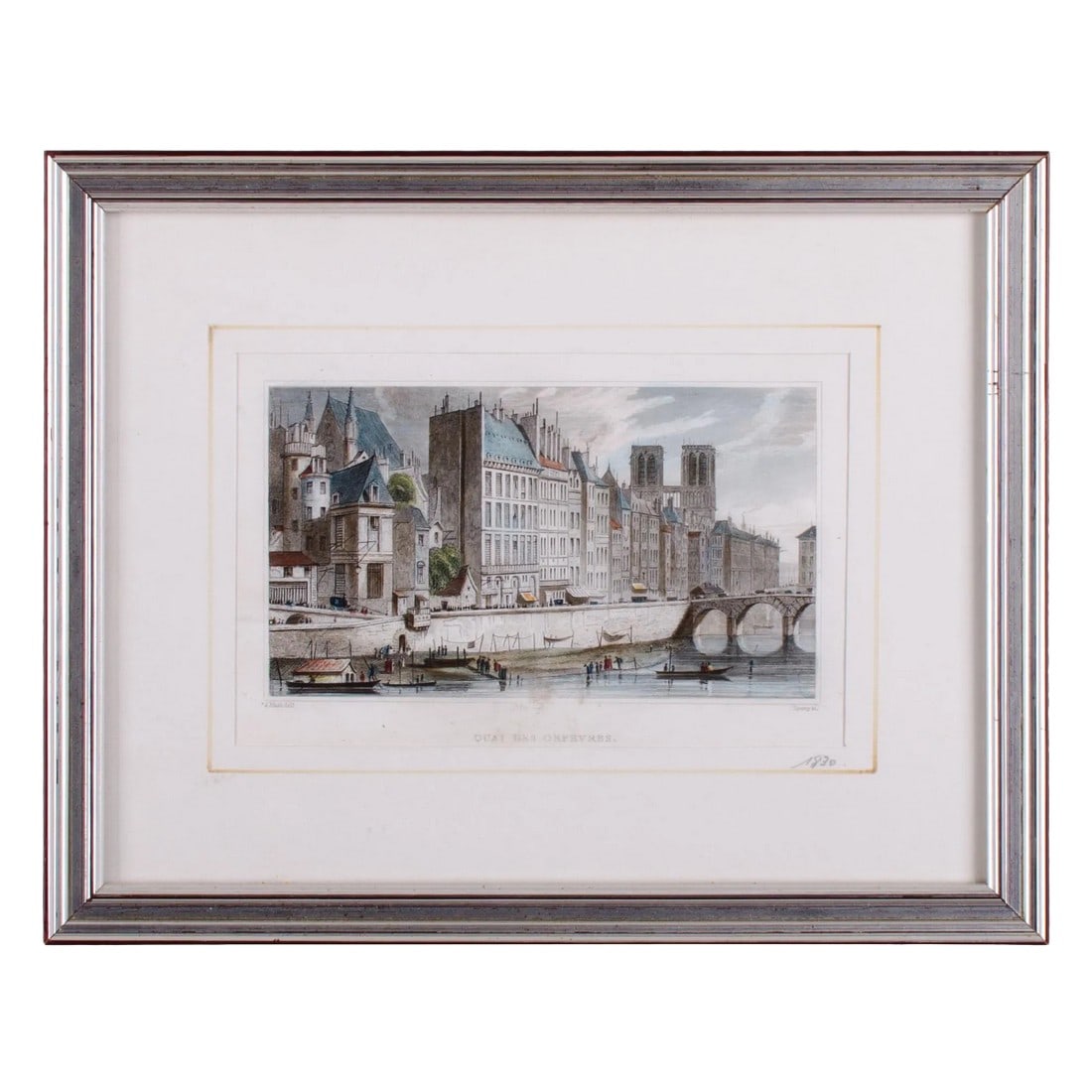 1830s French Original Print, Quai Des Orfèvres, After Joseph Nash C.: Offered is a hand-colored framed antique steel engraving entitled Quai des Orfevres, depicting people and boats on the shores of le Seine with Notre Dame in the distance. The print is engraved by