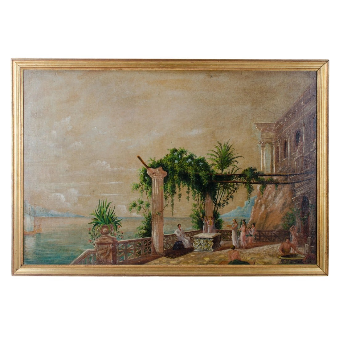 19th Century Classical Greek Scene Painting on Board: W. Stanton Robinson Offered is a vintage painting on board by W. Stanton Robinson depicting an ancient Greek scene with classical architecture giving way to the beauty of the sea and natural
