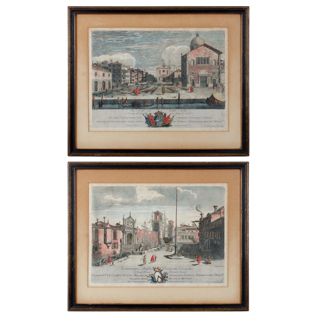Italian Prints, Views of Venice Engravings by Marco Sebastiano Giampiccoli - a Pair: Offered are two hand-colored engravings of Views of Venician. The engravings were made By Giampiccoli circa 1750s. One engraving is a depiction of the Venetian Arsenal, a complex of shipyards and