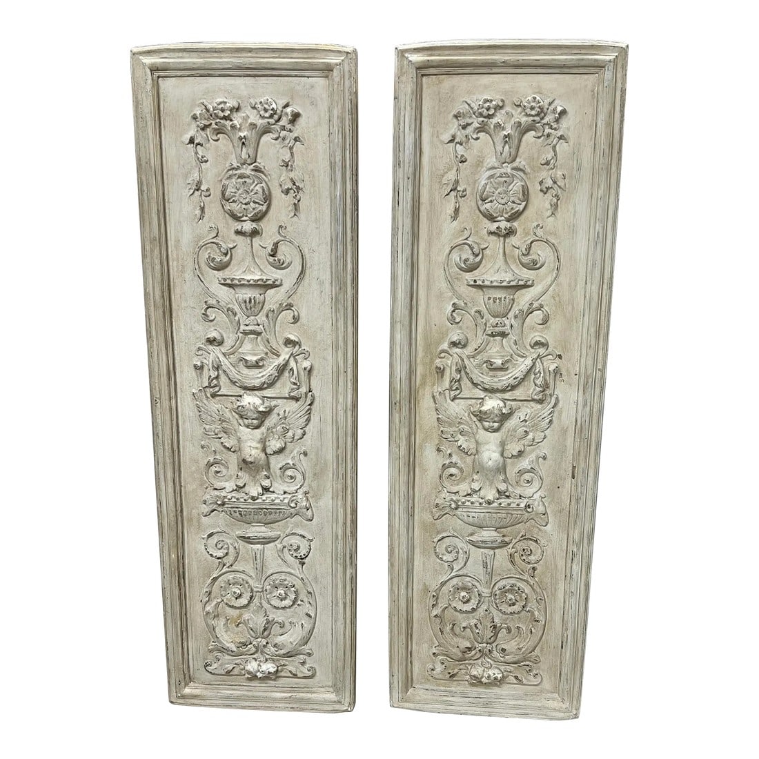Vintage Regency Style Plaster Mold Cherub Panels- a Pair: Vintage regency style plaster mold cherub wall panels. Each panel has two integrated hangers. Each measures 13.5" w x 1.5" d x 44"h. Condition: Alterations: Original Condition Unaltered