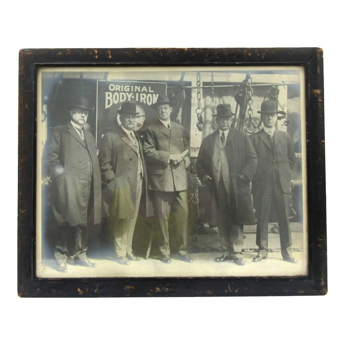 1920s Antique Riley's Way Philadelphia Group of Men Front of Original Body-Iron Sign, Framed: Antique Riley's Way Philadelphia Group of Men in Front of Original Body-Iron Sign Photograph Photo measures 13 3/4" long and 10 3/4" tall. Overall measures 15 1/2" long and 12 5/8" tall. Condition: