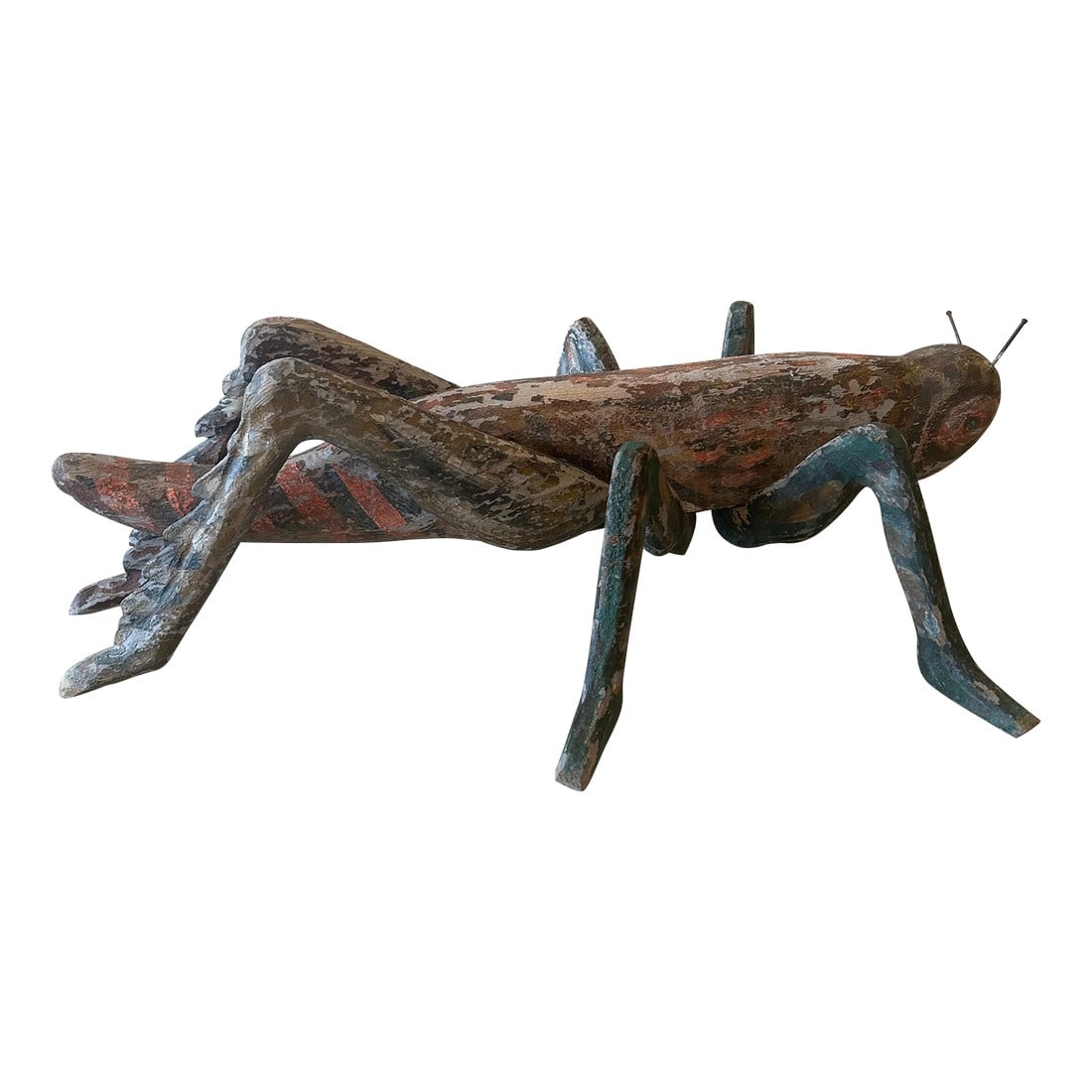 Folk Art Hand Made Antique Grasshopper Sculpture: A fantastic folk art antique hand made sculpture of a huge grasshopper having aged patina. One of a kind. Condition: Alterations: Restored Imperfections: Some Imperfections Condition Notes: Distressed