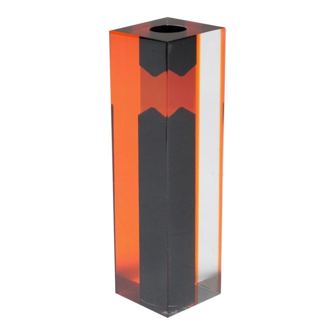 Italian Modern Orange and Black Lucite Soliflore / Bud Vase After Luigi Massoni: Striking lucite bud vase/candle holder with both transparent and orange facets housing black vessels for flowers/candles depending which side is upright (ca. 1970s, Italy - in the style of Lugi Masson