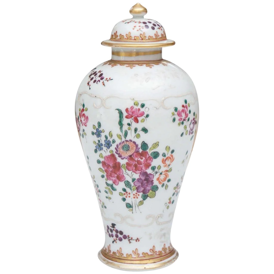 Samson Lidded Porcelain Vase: Samson porcelain vase with lid, circa 1900. Baluster form with white floral decoration, scrolls and gilt. Iron-red trim. Condition: Alterations: Original Condition Unaltered Imperfections: Some